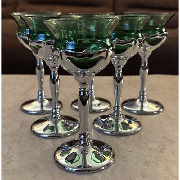 Farber Bros Krome Craft 1950s Art Deco Set6 Liquor Sherry Glasses Emerald Chrome - Picture 1 of 5